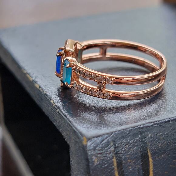 Rose Gold Plated Ring with Simulated Opal and Blue Stones - Size 9 - Picture 6 of 11
